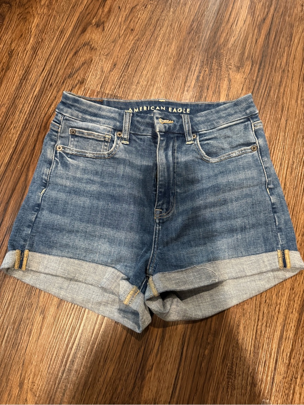 American Eagle Outfitters Medium Blue High-Rise Rolled Hem Denim Shorts